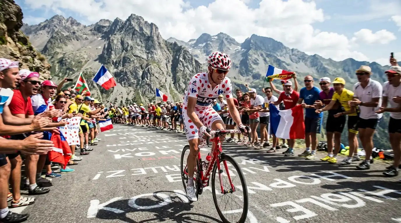 Ciclista con maillot de lunares rojos coronando un puerto de alta montaña con público animando al borde de la carretera