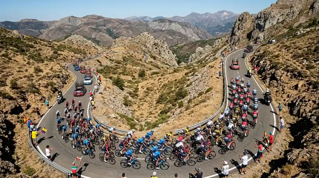 Pelotón de ciclistas ascendiendo un puerto de montaña bajo el sol de España durante la Vuelta