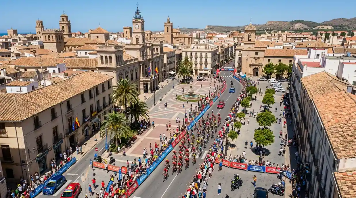 Vista panorámica de una ciudad española con iconos de ciclismo y gráficos de crecimiento del mercado de apuestas